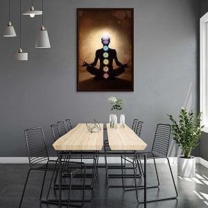 pitaara box man in lotus pose with chakra symbols  canvas painting for bedroom amp living room  dark brown frame  18 x 265 inch 46 x 67 cms