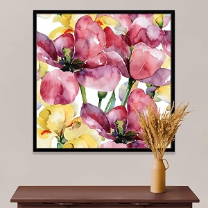 pitaara box purple tulips amp yellow irises  canvas painting for bedroom amp living room  black frame  28 x 28 inch 71 x 71 cms