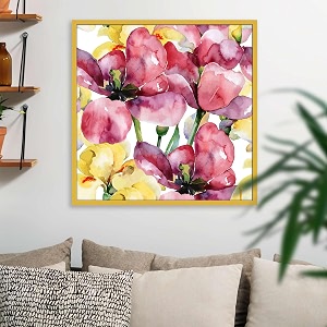 pitaara box purple tulips amp yellow irises  canvas painting for bedroom amp living room  golden frame  28 x 28 inch 71 x 71 cms