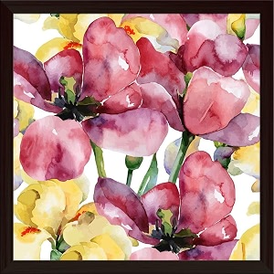 pitaara box purple tulips amp yellow irises  canvas painting for bedroom amp living room  dark brown frame  16 x 16 inch 41 x 41 cms