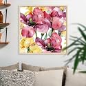 Pitaara Box Purple Tulips &amp; Yellow Irises | Canvas Painting for Bedroom &amp; Living Room | Natural Brown Frame | 28 x 28 inch (71 x 71 cms)