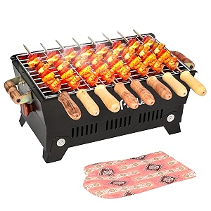 pivalo charcoal barbeque grill set  tandoori bbq for home amp outdoor use  4 piece combo  4 skewers  1 glove  1 tong  foldable standing bbq for camping picnic amp travel cooking pack of 1 black