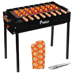 pivalo charcoal barbeque grill set  tandoori bbq for home amp outdoor use  4-piece combo  8 skewers  1 tong  1 glove  foldable standing bbq for camping picnic amp travel cooking pack of 1 black