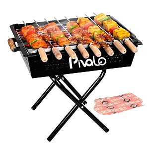 pivalo charcoal barbeque grill set  tandoori bbq for home amp outdoor use  4 piece combo  8 skewers  1 glove  1 tong  foldable standing bbq for camping picnic amp travel cooking pack of 1 black