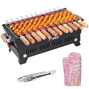 pivalo charcoal barbeque grill set  tandoori bbq for home amp outdoor use  4-piece combo  5 skewers  1 glove  1 tong  foldable standing bbq for camping picnic amp travel cooking pack of 1 black