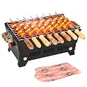 Pivalo Charcoal Barbeque Grill Set | Tandoori BBQ for Home &amp; Outdoor Use | 4 Piece Combo | 4 Skewers | 1 Glove | 1 Tong | Foldable Standing BBQ for Camping, Picnic &amp; Travel Cooking (Pack of 1, Black)