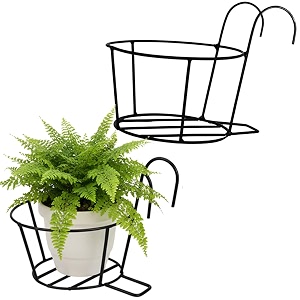 pivalo round hanging flower pot holder round balcony railing plant basket planter iron art over the rail fence potted rack decor for orchid deck patio ledge pack of 2 black