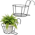 Pivalo Round Hanging Flower Pot Holder Round Balcony Railing Plant Basket Planter Iron Art Over The Rail Fence Potted Rack Decor for Orchid Deck Patio Ledge (Pack of 2, Black)