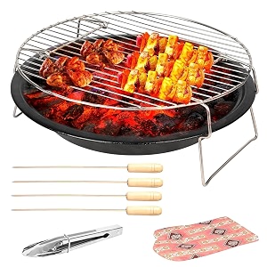 pivalo round charcoal barbeque grill set  tandoori bbq for home amp outdoor use  4-piece combo  4 skewers  1 glove  1 tong  foldable bbq for camping picnic amp travel cooking pack of 1 black