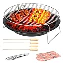 Pivalo Round Charcoal Barbeque Grill Set | Tandoori BBQ for Home &amp; Outdoor Use | 4-Piece Combo | 4 Skewers | 1 Glove | 1 Tong | Foldable BBQ for Camping, Picnic &amp; Travel Cooking (Pack of 1, Black)