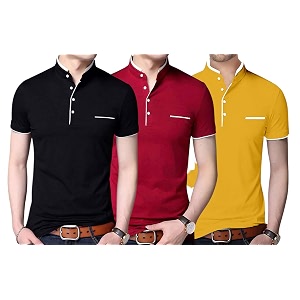 Polycotton Mandarin Collar Half Sleeves Mens T-Shirts