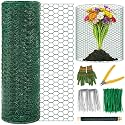 Plant Protectors from Animals, 16.4 x 16In Green PVC Coated Galvanized Chicken Wire Mesh Roll, 0.8mm Free-Cut Plant Cage with Ties, Stakes, Gloves, Pliers & Floral Wire (16.4Ft*20In)