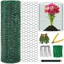 Plant Protectors from Animals, 16.4 x 16In Green PVC Coated Galvanized Chicken Wire Mesh Roll, 0.8mm Free-Cut Plant Cage with Ties, Stakes, Gloves, Pliers & Floral Wire (33Ft*20In)