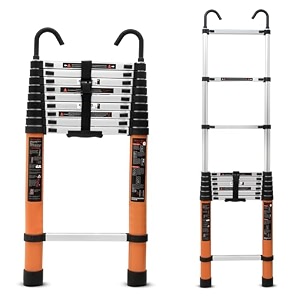 plantex 38m 125 ft aluminium telescopic ladder13-step portable ladder with removable hooksfoldable multipurpose collapsible ladder for home amp outdoor use2 year of warranty by plantex-orange