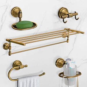 plantex 304 grade stainless steel bathroom accessories set of 5 - towel standnapkin ringsoap dishtoothbrush standrobe hooks - niko brass antique