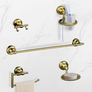 plantex 304 grade stainless steel bathroom accessories set of 5 - towel rodhand napkin hanger for washbasinsoap casetoothbrush holderrobe hook - skyllo brass antique