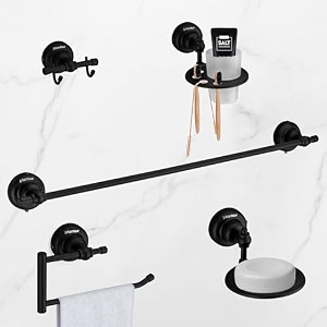 plantex 304 grade stainless steel bathroom accessories set of 5 - towel rodhand napkin hanger for wash basinsoap casetoothbrush holderrobe hook - skyllo black