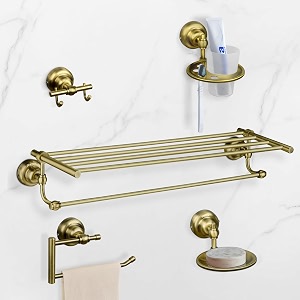 plantex 304 grade stainless steel bathroom accessories set of 5 - towel standnapking holdersoap holdertoothbrush holderrobe hanger - skyllo brass antique