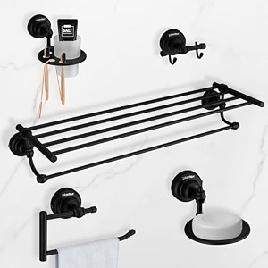 plantex 304 grade stainless steel bathroom accessories set of 5 - towel standnapking holdersoap holdertoothbrush holderrobe hanger - skyllo black