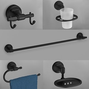 plantex 304 grade stainless steel bathroom accessories set of 5 - towel rodhand napkin hanger for wash basinsoap casetoothbrush holderrobe hook - niko black