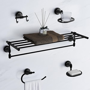 plantex 304 grade stainless steel bathroom accessories set of 5 - towel standnapking ringsoap standtoothbrush holderrobe hanger - niko black