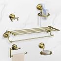 Plantex 304 Grade Stainless Steel Bathroom Accessories Set of 5 - Towel Stand/Napking Holder/Soap Holder/Toothbrush Holder/Robe Hanger - Skyllo (Brass Antique)