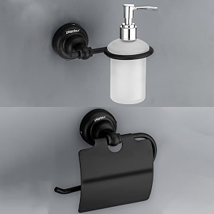 plantex 304 grade stainless steel washroom set of 2 - toilet paper holderstandliquid soap dispenser - skyllo black