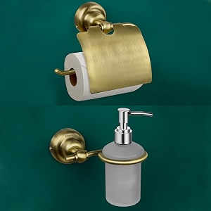plantex 304 grade stainless steel washroom set of 2 - toilet paper holderstandliquid soap dispenser - skyllo brass antique
