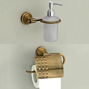 plantex 304 grade stainless steel washroom set of 2 - toilet paper holderstandliquid soap dispenser - niko brass antique
