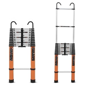 plantex 46m 15 ft aluminium telescopic ladder12-step portable ladder with removable hooksfoldable multipurpose collapsible ladder for home amp outdoor use2 year of warranty by plantex - orange