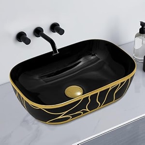 plantex ceramic designer washbasin for bathroomcountertop basinrectangle tabletop wash basin for homeoffice - 16010 black amp gold