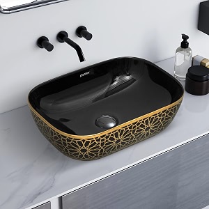 plantex ceramic designer washbasin for bathroomcountertop basinrectangle tabletop wash basin for homeoffice black amp gold - 18 x 13 x 5 inch