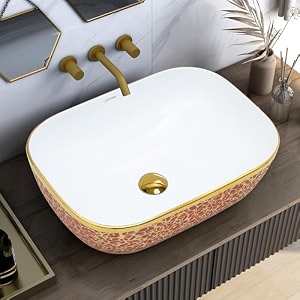 plantex ceramic washbasin for bathroomdesigner countertop basinrectangle tabletop wash basin for homeofficehotel 18x13x5 inch - white amp gold