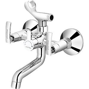 plantex col-1017 pure brass telephonic wall mixer with crutch arranging of hot amp cold water with water saving nozzle for bathroom and brass wall flange -chrome