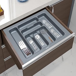 plantex polyvinyl chloride cutlery traycutlery organizer for kitchen drawermodular kitchen accessories organizer  grey 21 x 185 inch