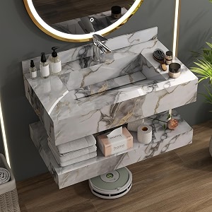 plantex floating vanityslab tile floating vanity with washbasin for bathroomwall mount basin with cabinet full set - 32x18 inch ed-gold-marble