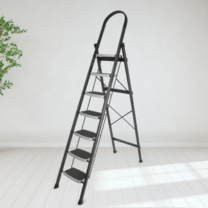 plantex foldable steel 7-step ladder-wide anti skid steps gray  white steel ladder