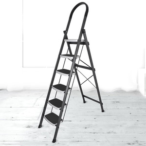 plantex high-grade heavy folding for home - 6 wide anti-skid steps gray  white steel ladder