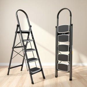 plantex high-grade heavy folding 5 step for home - wide anti-skid gray  white steel ladder
