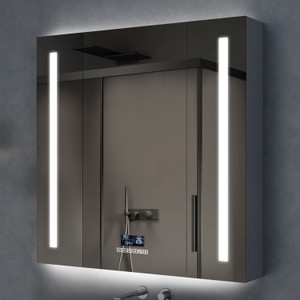 plantex led mirror cabinet for bathroom with defogger and digital clock display 32x32 steel wall shelf number of shelves - 8 silver