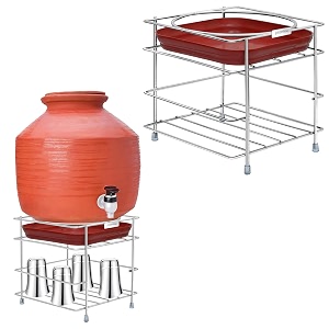 plantex stainless steel 2-tier matka stand for water potwater pot stand for kitchensquare matka stand with tray - 1185 chrome