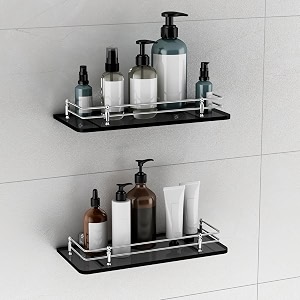 plantex wall mount glass shelf for bathroomshelves for kitchenblack glass shelf polished 12x6 inches - pack of 2
