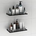 Plantex Wall Mount Glass Shelf for Bathroom/Shelves for Kitchen/Black Glass Shelf, Polished (12x6 Inches - Pack of 2)