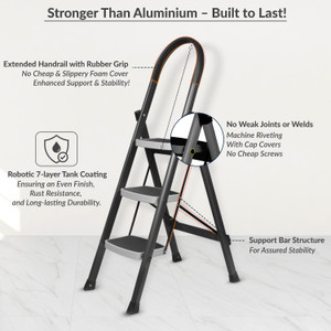 plantex premium steel folding 3 step ladder for home - 3 wide anti skid steps grey steel ladder