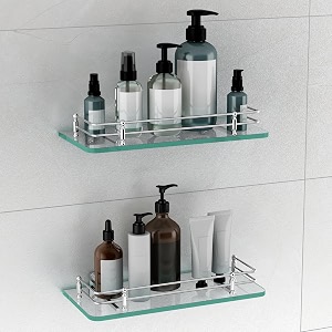 plantex transparent bathroom glass shelfglass shelf for living roomkitchenmultipurpose wall storage bathroom organiser-polished 12x6 inches pack of 2