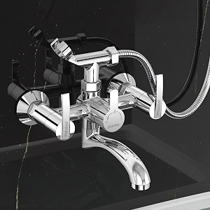 plantex pure brass telephonic wall mixer with crutch arranging of hot amp cold water with water saving nozzle for bathroom and brass wall flange 7 year warranty -aq-1417-chrome
