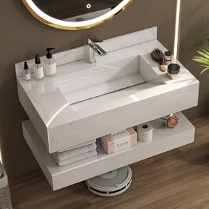 plantex slab tile floating vanity for bathroomwall mount wash basin with cabinetwashbasin cabinet - 32 x 18 inch ed-07-marble finish