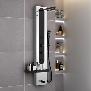 plantex shower panel for bathroom304 grade stainless steel modern shower system with head showerhand shower amp massage spray jet for bathroom - pack of 1 chrome and black km-8097