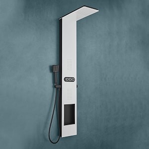 plantex shower panel for bathroom with inbuilt shelfall in one shower panelwhite shower system for bathroomfull shower set with jet sprayhead shower and hand shower - km-8105