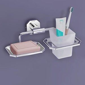 plantex 304 grade stainless steelsoap holder with toothbrush holdersoap dish with abs tumbler standbathroom accessories - nipron chrome
